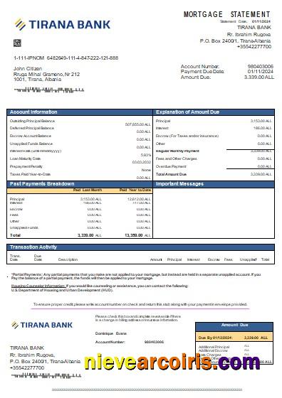 Albania Tirana bank mortgage statement